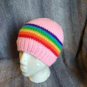 handmade knit beanie pink rainbow stripes knitted hat knitted